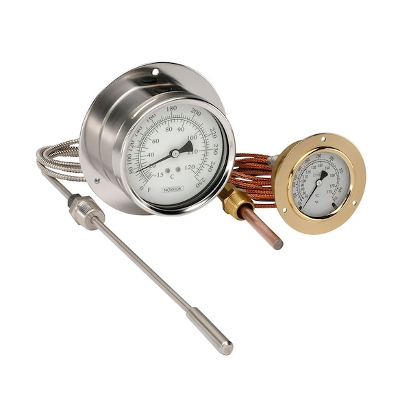 2.5 Vapor Thermometer, -40 Degree Service Fill, Chrome Bezel w/ U-Clamp, 30 to 300 Degrees F/C, Armored Copper Capillary, 25 ft, 1/2 NPT Union Copper Bulb, 4 x 3/8
